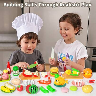 Tecforood Juego de cocina infantil para niños y niñas, set de juego de cocina de imitación con ollas, sartenes, utensilios de mezcla y corte realistas, vajilla de juego, juguetes de cortar alimentos y canasta de compras, set de cocina de simulación educativa para inspirar la imaginación y la creatividad