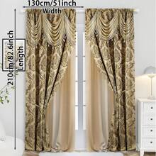 2pcs European Luxury Brown Printed Curtains - Semi-Sheer Polyester, Rod Pocket, Machine Washable, Bohemian Style With Golden Floral Pattern For Living Room, Kitchen, Bedroom & Office Decor, Curtains For Living Room