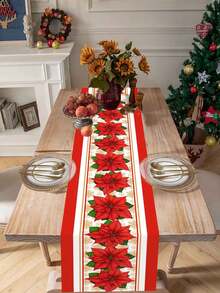 1 buc. Traversă de masă de Crăciun fericit cu modele mari de Poinsettia roșii, 35*180cm, husă de masă de Crăciun din poliester, decorațiuni de Crăciun pentru casă 2025, decor pentru masă de bucătărie, decorațiuni festive pentru masă, temă de iarnă, decor pentru petrecere de Crăciun, Anul Nou fericit 2026