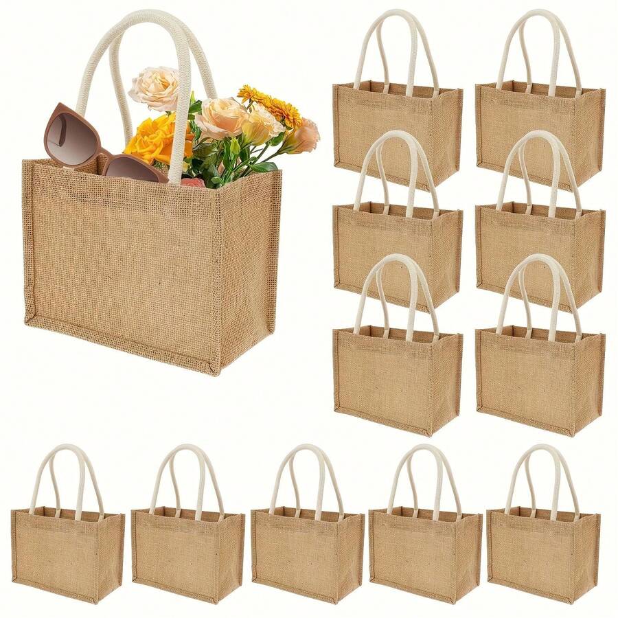 6/12Pcs Small Tote Bag With Handles - Blank Canvas For Wedding, Beach, DIY Gift - 棕色 - 查看 1