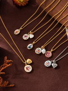 1pc INS Fashionable Vintage Oil Painting Floral Pendant Necklace, Anti-Oxidation, 18K Gold Plated. Suitable For Vacation And Daily Wear. Women Jewelry. - Multicolor - View 3