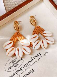 1 Pair Handmade Raffia Straw Woven Seashell Earrings, Drop/Diamond/Triangle/Circle Dangle Earrings, Boho Exaggerated Earrings For Beach, Vacation, Gatherings, Party Wear