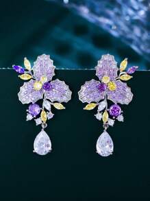 1 Par de Brincos Longos Pendentes com Flor e Folha Roxa de Zircônia Cúbica, Joia de Prata com Zircônia Cúbica para Mulheres, Adequado para Noivas, Noivado, Casamento, Banquete, Festa, Formatura, Madrinhas, Presente de Natal