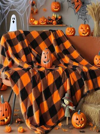 1pc Thickened Plaid Flannel Blanket For Halloween & Christmas, Soft & Comfortable Throw Blanket For Bed, Office, Multipurpose, Machine Washable, Bedding Decor, Holiday Gift