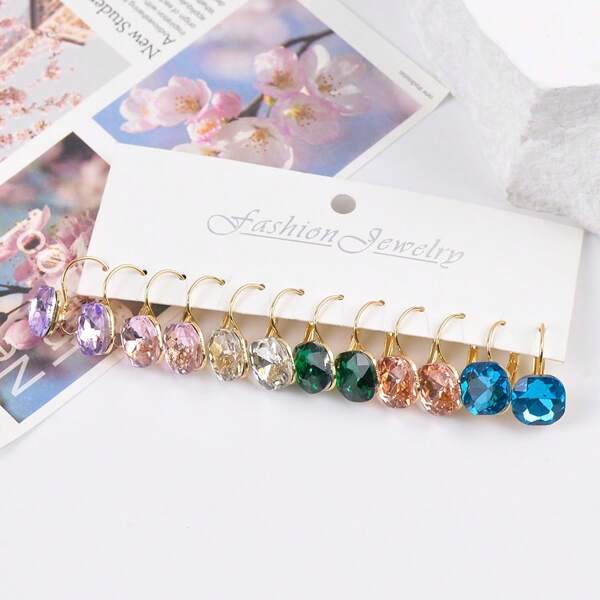 1 Set Of 6 Pairs Delicate & Fashionable Earrings, Colorful Crystal Pendant Earrings, Suitable For Birthday, Daily Wear, Gift, Present For Friends