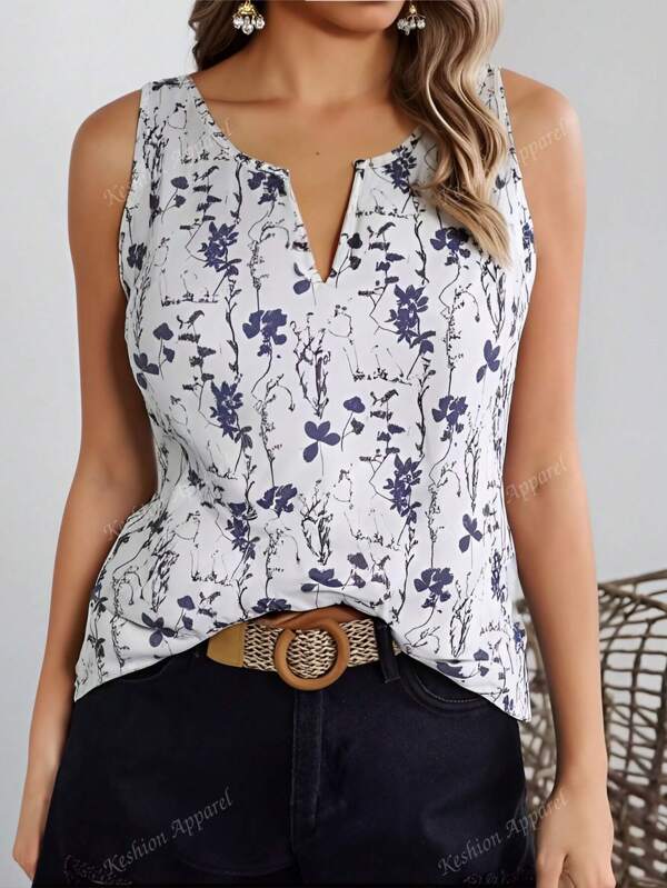 Plus-size dames casual bloemenprint V-hals T-shirt top, zomer mouwloze blouse, terug naar school, geschikt voor dagelijks gebruik