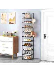 Estantería para zapatos de 10 niveles para armario, organizador de zapatos alto para entrada, dormitorio, pasillo, almacenamiento de zapatos de gran capacidad para 20-24 pares de zapatos y botas, estantería de metal estrecha con ganchos