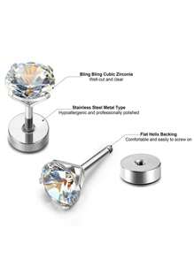 JewelrieShop Pendientes de botón de 16G 6mm, pendientes de espalda plana de acero inoxidable, cristal CZ de 3mm-7mm, circonita cúbica, 5 pares, unisex