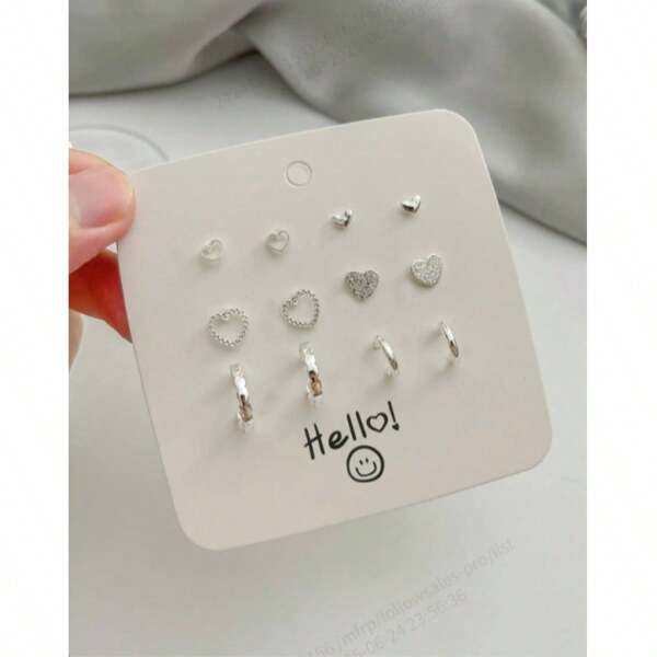 6pairs/Set Silver Plated Simple Heart And C Shape Stud Earrings For Women Gifts For Mom Or Girlfriend