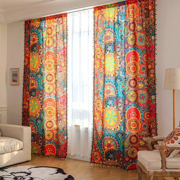 2pcs Farmhouse Multicolor Boho Curtains Chic Polka Dot Colorful Striped Tassel Curtain, Sunshade Anti-Spy Privacy Protection Curtains, Suitable For Bedroom Indoor Living Room Restaurant Bar Party Playroom Dorm Home Decor