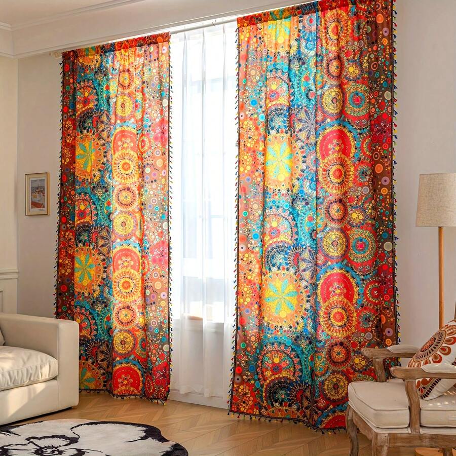 2pcs Farmhouse Multicolor Boho Curtains Chic Polka Dot Colorful Striped Tassel Curtain, Sunshade Anti-Spy Privacy Protection Curtains, Suitable For Bedroom Indoor Living Room Restaurant Bar Party Playroom Dorm Home Decor
