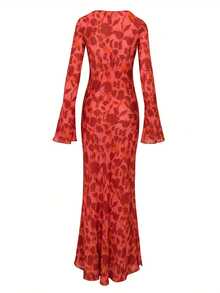 Autumn Ladies Long Dress, Women Leisure Style Zebra Print Long Sleeve Flared Cuff Round Collar Slim Skirt Party Dress - 紅色 - 查看 3