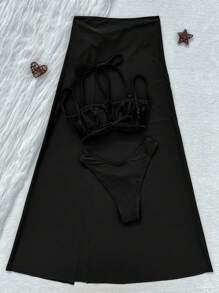 Women's Summer Beach Solid Color Ruched Sexy Bikini Set With Coverup And Skirt