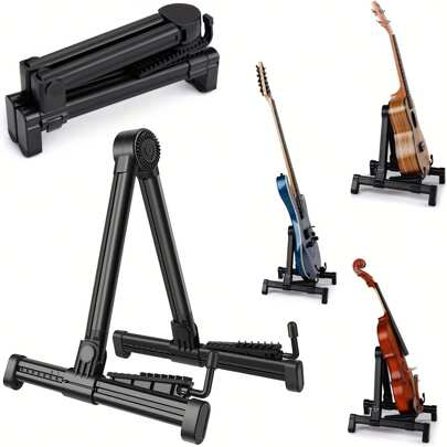 Universal Adjustable Guitar Stand - Folding Free-Standing Holder For Acoustic, Electric, Bass, Guitar, Mandolin, Banjo, Ukulele & Violin - Made Of Durable ABS With Silicone Rubber Protection