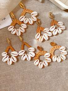 1 Pair Handmade Raffia Straw Woven Seashell Earrings, Drop/Diamond/Triangle/Circle Dangle Earrings, Boho Exaggerated Earrings For Beach, Vacation, Gatherings, Party Wear