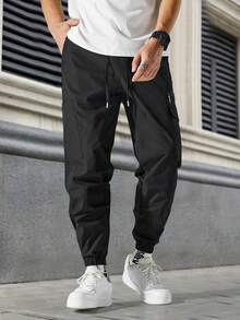 男式休闲纯色抽绳工装裤，无弹力户外徒步踝带裤