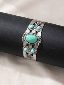 1 件复古绿松石和复古银色调金色几何宽开口时尚礼物金属花手镯，朋克风格 - 銀色 - 查看 2