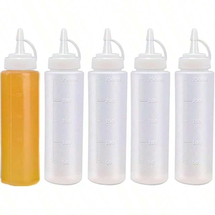 Bộ 5 chai bóp có vòi, dung tích 250ml (8oz) bằng nhựa, có vạch chia định lượng, thích hợp đựng dầu ăn, sốt BBQ, nước sốt salad, sơn, kem phủ bánh, chất lỏng, keo dán và nhiều loại khác. - trắng - Xem 1