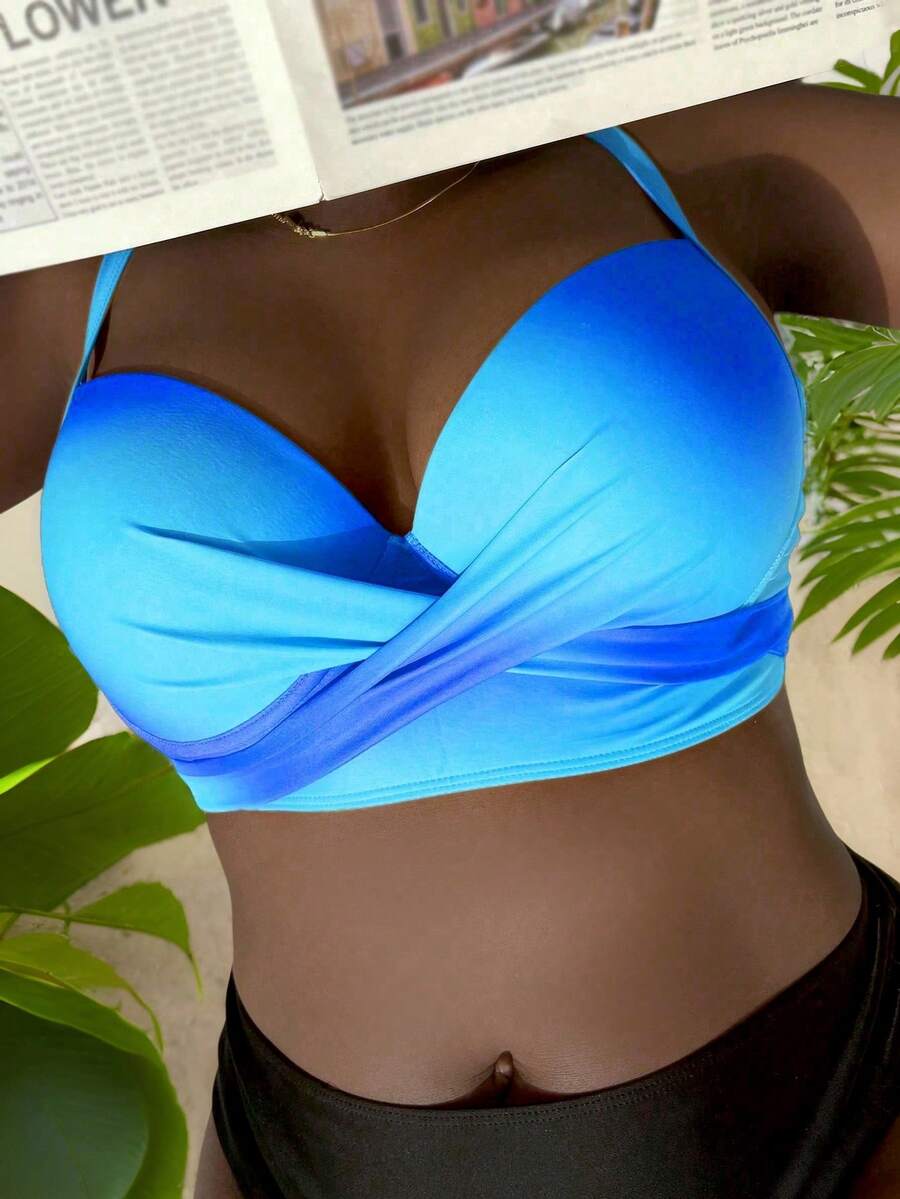 Slaydiva Plus Summer Beach Twist Front Ombre Blue Bikini Top - Blue - View 1