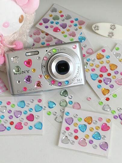 5 Random Colors Ins Style Mini Acrylic Colorful Love Diamond Stickers DIY Hand Account Camera Mobile Phone Decoration Stickers,School Supplies,Back To School