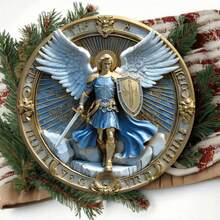 1 件大天使迈克尔守护者 8x8 英寸圆形金属标志 - 非常适合厨房、咖啡厅、家庭、办公室和墙壁装饰 - 理想的圣诞礼物节日装饰品随机发放在顶部和底部左右孔上
