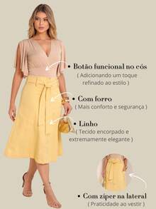 Linen Midi Skirt With Large Pockets And Modern Design - Màu vàng - Xem 6