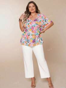 Fruit Print V-Neck Batwing Sleeve Casual Vacation Short Sleeve Tops, Lightweight Plus Size Women Summer Clothing
