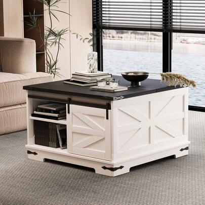 Storage Coffee Table, Modern Farmhouse Coffee Table, Square Wood Center Table With Gas Struts, Extra Large Hidden Storage Space, Metal Bracket Corner