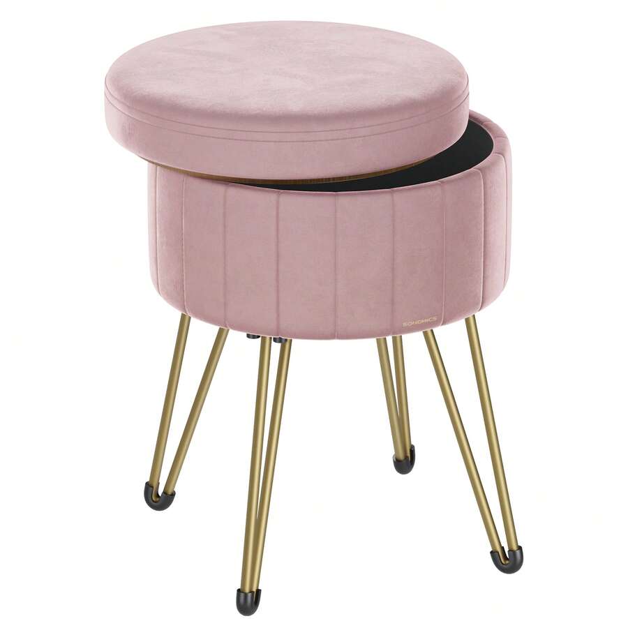 SONGMICS Puff Almacenaje, Baúl Almacenaje, Banco Almacenaje Redondo, Taburete de Tocador de Terciopelo, 39 x 44.4 cm, Rosa Jalea MLOM003R01 - Rosa - Ver 1