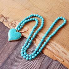 1pc New Fashion Bohemian Style 8mm Turquoise Beads Knotted Women Necklace With Turquoise Heart Pendant, Suitable For Women's Daily Wear