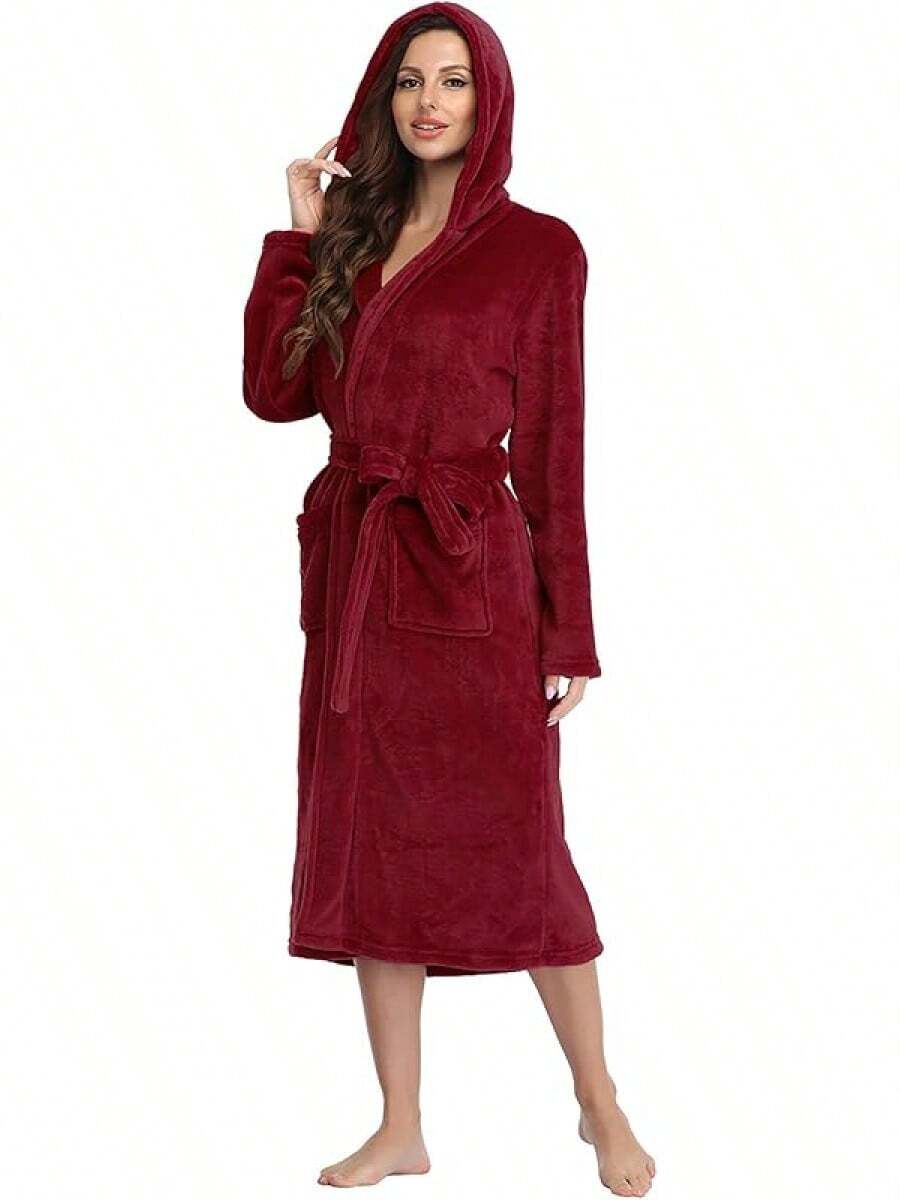 Womens Robes  Fleece Hooded Bathrobe Thick Nightgown With Pockets Fluffy Sleepwear - 酒紅色 - 查看 1