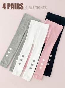 4 Pairs 4 Pairs Girls' Nine-Point Toddler Tights, Children's Leggings, Solid-Color Simple Love-Patterned Skinny Pants, Moderate Thickness, Suitable For Wearing Over A Skirt.
