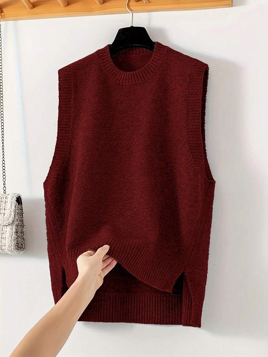 Women's Knit Vest - Sleeveless, Round Neck, Side Slit, Casual Fashion Jacket - Solid Color, Suitable For All Seasons - Burgundy - View 1
