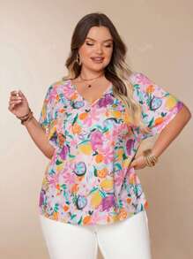 Fruit Print V-Neck Batwing Sleeve Casual Vacation Short Sleeve Tops, Lightweight Plus Size Women Summer Clothing