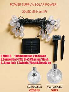 1pc Solar Power 5m/16.4ft 20Led 2.4cm Transparent Plastic Ball String Lights, Indoor Room Decor Fairy Lights, Bedroom Wall Decor Led Light String, 8 Modes Flashing Lights, Suitable For Weddings Decor, Birthday Parties Decor, Camping Tent Decor, Outdoor Decorative Lights, Gardens Decor, Courtyards Decor - Huang Guang - View 9