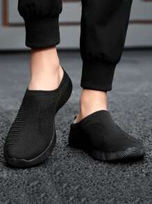 Women's Black Breathable Knit Casual Flat Slip-On Shoes, Lightweight & Comfortable