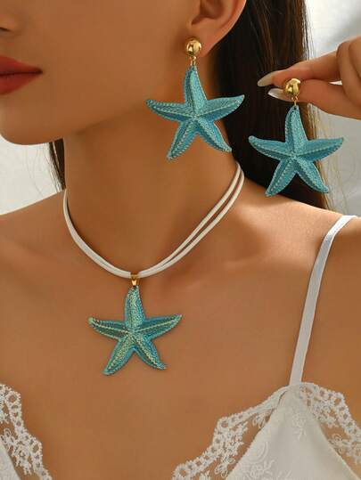 1 Set de 3 piezas Juego de aretes y collar de estrella de mar de la serie de playa bohemia de moda versátil y colorida, Diseño único de collar y aretes de estrella de mar de turquesa, Adecuado para uso diario y vacaciones de las mujeres