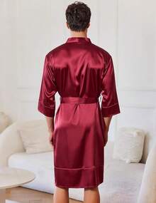 Mens Satin Robe Lightweight Silky Kimono Bathrobe 3/4 Sleeve Spa Knee Length Loungewear With Pockets S-3XLhalloween - Burgundy - View 3