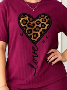 Relaxiva Set de 2 camisetas de mujer de tallas grandes con estampado de corazón y leopardo  Animal    Casual    Canalé    Canalé    CONJUNTO  Deportivo    PRIMAVERA OTOÑO VERANO - Color caoba - Ver 2