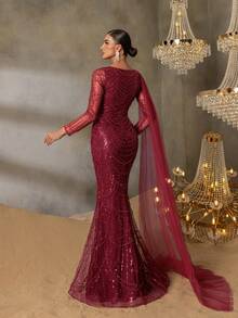 Elisanya Haute Glamour Gorgeou Sheer Sleeves Draped Side Mermaid Hem Beaded Formal Dresses & Evening Gowns - Burgundy - View 3