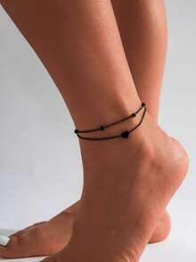 2pcs Mini Heart Beaded Anklet Set, Adjustable & Stackable Black Punk Style Anklet, Decoration For Beach, Party, Daily Wear, Birthday Gift For Friends - Anklet - View 10