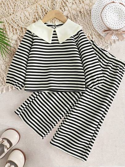 Tween Girl Striped Pearls Long Sleeve Top And Relaxed Fit Pants Set