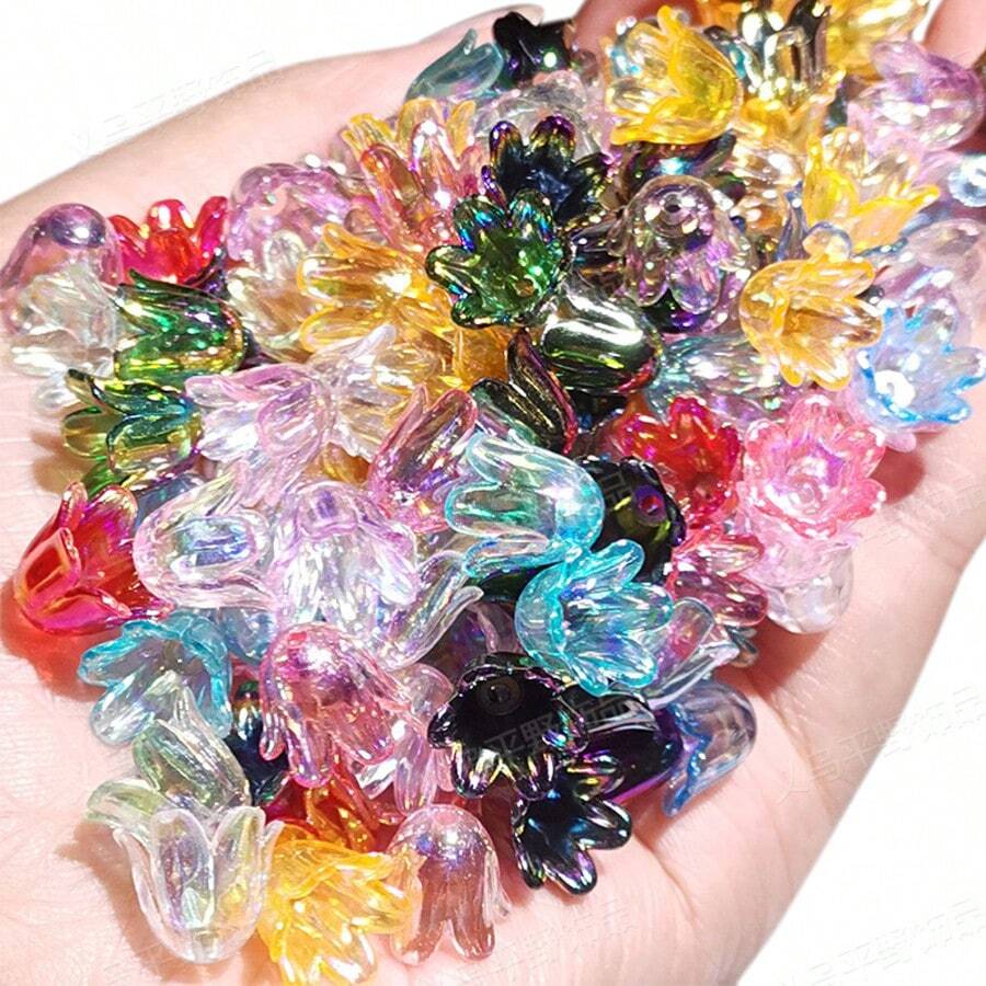 100PCS Iridescent Acrylic Tulip Beads – Mixed Colors, DIY Flower Charms For Jewelry & Crafts - Flower - View 1