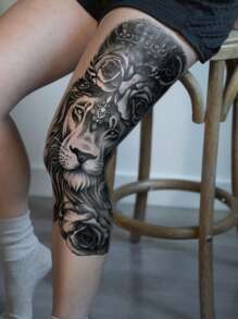 1 Sheets Extra Large Full Arm Size Body Art Temporary Tattoo Stickers For Men And Women, Realistic Animal Style Lion Crown Flowers Pattern, Waterproof Fake Sleeves Tattoos, Lasts 2-5 Days, Covering Scars, Can Be Used On Arms Wrist Shoulders Legs Waist Neck Hand Chest Thighs Finger, Best Friend Couple Party Tattoo