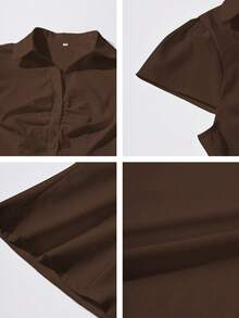 Y2K Collegiate Style Buttoned Collared Casual Cute Pleated Fitted Short Sleeve Brown Shirt, Spring, Girlfriend Aesthetic, Graduation Season, Valentine's Day - Brown - View 11