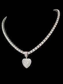 1pc Cubic Zirconia Heart Pendant With 5mm Tennis Chain, Unisex Hip Hop Vintage Pendant Necklace, Suitable For Daily Wear Or Party, Gift For Valentine