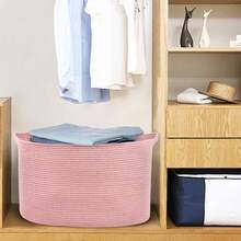 Extra Large Pink Storage Basket, 23.6" X 17" X 12" Rectangle Blanket Basket Living Room, Woven Cotton Rope Basket, Toy Basket Bins, Pink Baskets For Decor, Wicker Baby Laundry Basket - 淺粉色 - 查看 10