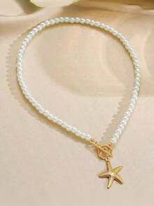 1 pieza Collar con colgante de estrella de mar de acero inoxidable con cierre de T, diseño de perla falsa, adecuado para mujeres en verano y viajes (no incluye caja de joyería) - estrella de mar - Ver 3