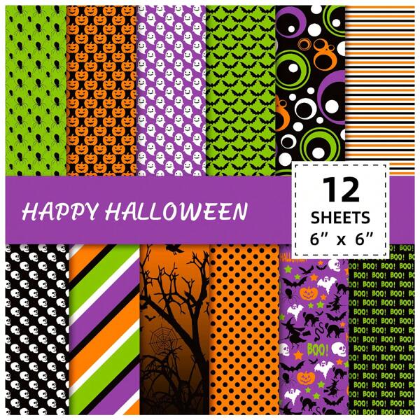 12 Blatt Halloween Figuren Sammelalbum Papier, gruselige und lustige Designs mit Kürbissen, Gespenstern, Fledermäusen und Totenschädel. Ideal für Scrapbooking, Kartenherstellung, Halloween Basteleien, Party Dekorationen, Schulanfang