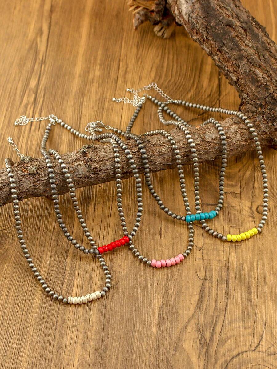 1 pieza Collar colgante de estilo bohemio para mujer, compuesto de múltiples cuentas redondas de turquesa, collar de cadena de estilo occidental para damas, collar multicolor, adecuado para uso diario de la mujer, vacaciones o como regalo para amigos - N-123 - Ver 1